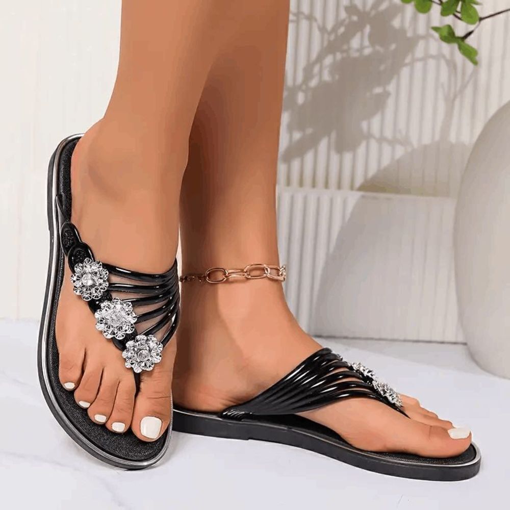 Flower Rhinestone Slip On Flip-Flops - Black